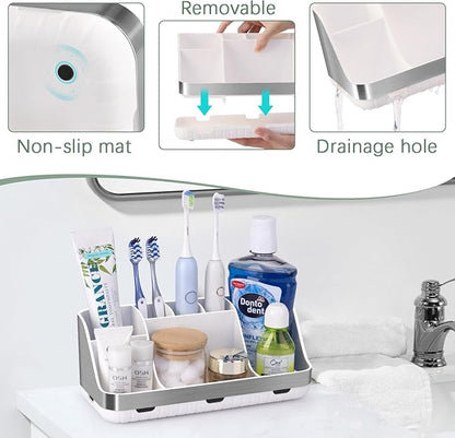 Toothbrush Holders for Bathrooms Countertop Organizer - Kids Electric Toothbrush and Toothpaste Holder Detachable 7 Slots Tooth Brush Organization Bathroom Accessories Storage Vanity, Silver