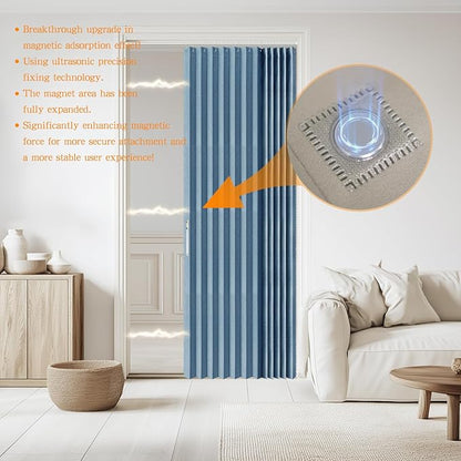 Accordian Door Curtain, 100% Blackout Folding Magnetic Doorway Curtains,Linen Style Closet Doors,for Room Divider,Privacy Protection（W72 x L78,Blue,1 Panel）