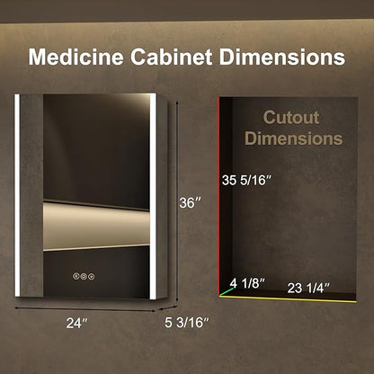 Medicine Cabinet with LED Lights and Mirror, 24 x 36 Inch Surface or Recessed Mounted Bathroom Cabinets with Door, Defogger, Memory Function, 3-Color Mode, Outlet&USB, Dimmer, Storage Shelf