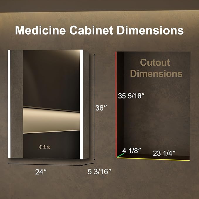 Medicine Cabinet with LED Lights and Mirror, 24 x 36 Inch Surface or Recessed Mounted Bathroom Cabinets with Door, Defogger, Memory Function, 3-Color Mode, Outlet&USB, Dimmer, Storage Shelf