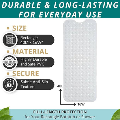 ENKOSI Bath Mat – 40 x 16 Inch Non-Slip Shower Mat for Bath Tub & Shower with Strong Suction Cups – Anti Slip Large Bathtub Mat with Drain Holes – for Smooth Floors Only (40x16 White)