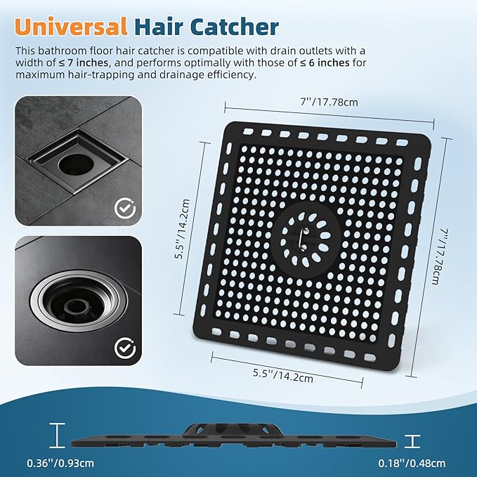 Hibbent Upgraded Shower Drain Hair Catcher, Shower Drain Cover for Bathroom Floor 6" Drain, Anti-Clogging Bathtub Drain Strainer, Stainless Steel Kitchen Sink Drain Strainer with Handle, Matte Black