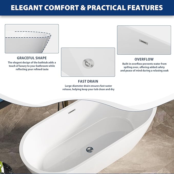 Sarlai 67 Inch Acrylic Freestanding Soaking Bathtub Contemporary Soaking White Tub Stand Alone Ergonomic Bathtub with Chrome Drain and Overflow