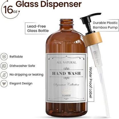 16 OZ Thick Amber Glass Soap Dispenser, Bamboo Pump with Tray 2 Pack, Hand and Dish Soap Dispenser Set for Bathroom with 6 Waterproof Labels