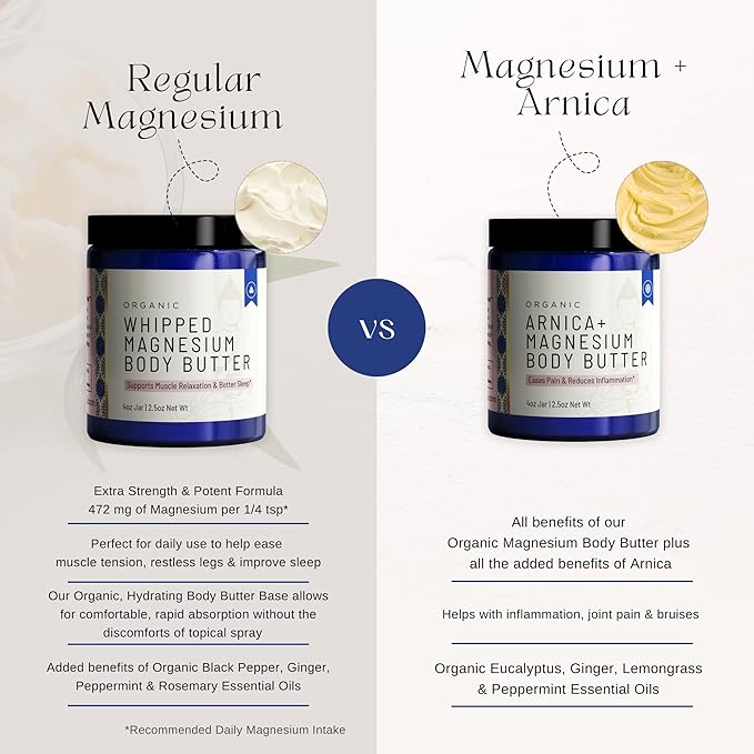 Organic Arnica + Magnesium Whipped Body Butter, 4 oz Jar, Extra Strength Formula with Premium Quality Magnesium Choride, Natural Comfort for Muscles & Joints, All-Natural