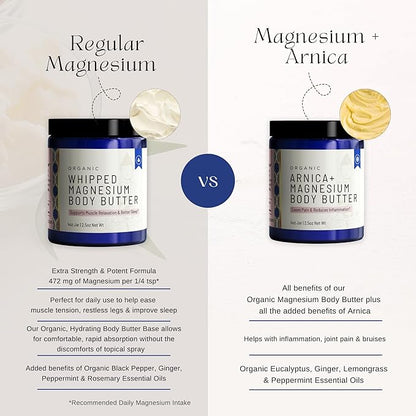 Organic Arnica + Magnesium Whipped Body Butter, 4 oz Jar, Extra Strength Formula with Premium Quality Magnesium Choride, Natural Comfort for Muscles & Joints, All-Natural