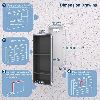 Stainless Steel Niche for Shower Wall，Shower Niche Insert Tile Ready ，Organizer Storage for Room，3-Tier Shelves ，Matte Black (Black，30 * 12 in)