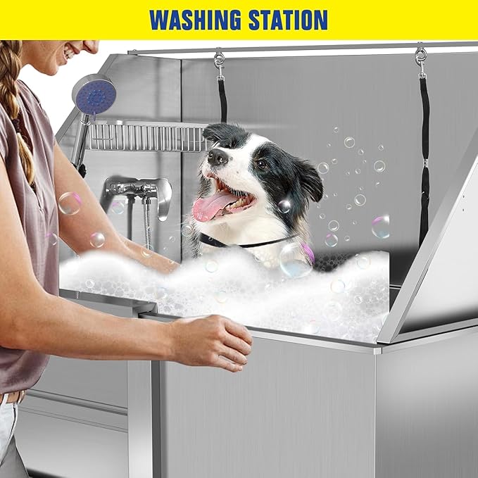 Professional 304 Stainless Steel Dog Bathing Station, 50 inch Pet Grooming Tub with Anti-Slip Ramp, Storage Drawer, Hot/Cold Faucet for Large Medium Small Dogs