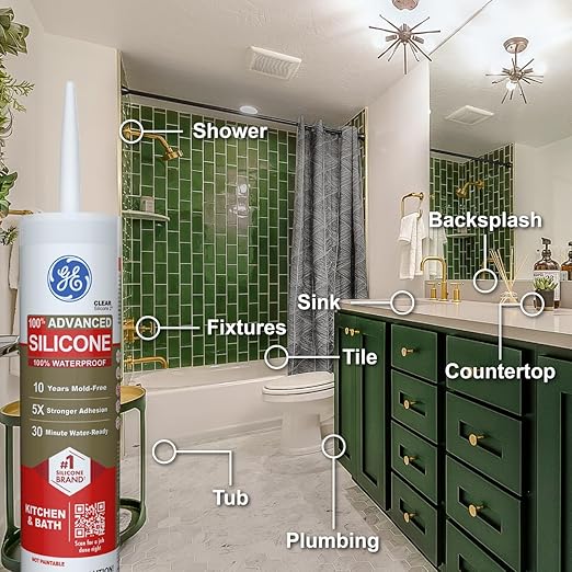 GE Advanced Silicone Caulk for Kitchen & Bathroom, Clear, 10 fl oz Cartridge, 1 Pack - 100% Waterproof Silicone Sealant, 5X Stronger Adhesion, Shrink & Crack Proof