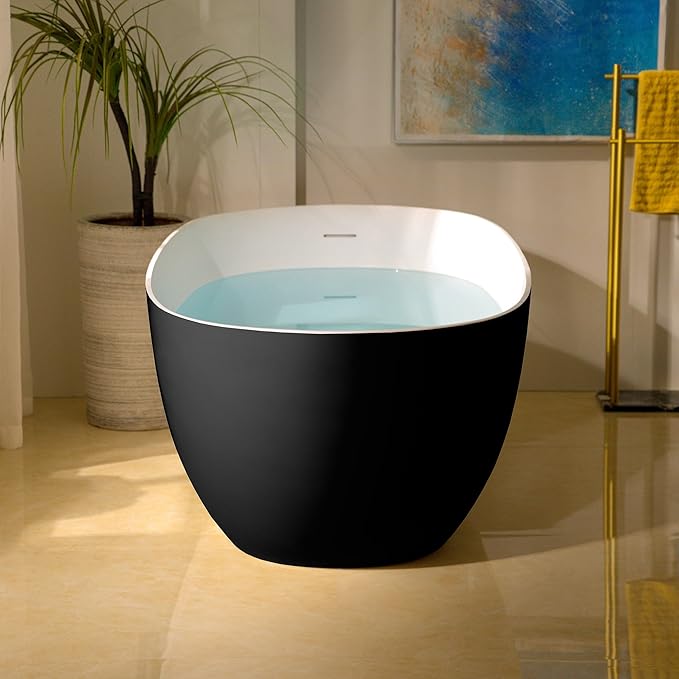 WOODBRIDGE 69" L x 32" W Luxury Contemporary Solid Surface Stone Resin Freestanding Bathtub in Matte Black with 2-Drain Covers