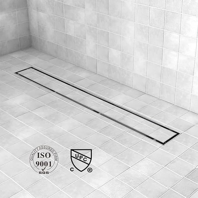 Linear Shower Drain, 40 inch Drain with Tile Insert 2-in-1 Panel, Brushed 304 Stainless Steel Shower Floor Drain, Linear Drain with Hair Strainer and Adjustable Feet