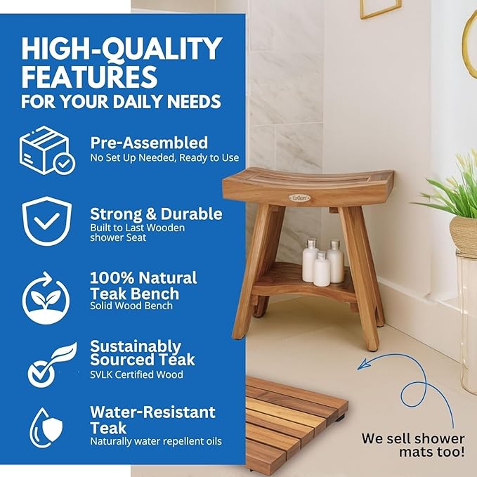 EcoDecors Teak Shower Bench 18", 300 lb Capacity – Waterproof Wood Bath Seat with Shelf, Spa Seating for Adults – Compact Fit for Small Bathrooms & Walk-in Showers – Slip-Resistant Feet