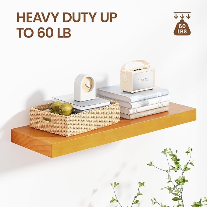 Heimlove 24 inch Floating Shelves for Wall,2 Packs Natural Pine Solid Wood Floating Shelves, 8 inches Deep Wooden Shelves for Kitchen Bedroom Office & Living Room Display Wall Decor