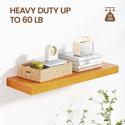 Heimlove 24 inch Floating Shelves for Wall,2 Packs Natural Pine Solid Wood Floating Shelves, 8 inches Deep Wooden Shelves for Kitchen Bedroom Office & Living Room Display Wall Decor