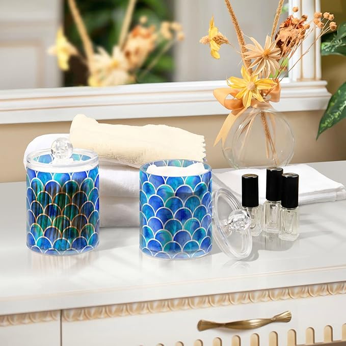 MNSRUU 2 Pack Qtip Holder Organizer Dispenser Blue Scales Of Mermaid Bathroom Storage Canister Cotton Ball Holder Bathroom Containers for Cotton Swabs/Pads/Floss