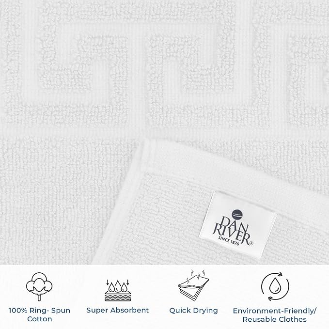 DAN RIVER Greek Cotton Bath Mats Set of 2 – Not a Bathroom Rug, Ultra Soft, Highly Absorbent & Machine Washable Bath Mat Towel for Bathroom Floor Mat – Durable, Quick-Dry, 21x34 Inches, White