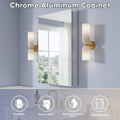 WELLFOR 24" x 36" Bathroom Medicine Cabinet, Anodized Chrome Aluminum Frame, Medicine Cabinet with Adjustable Glass Shelves, Bathroom Cabinet with Reverse Door Installation, Surface or Recess Mount