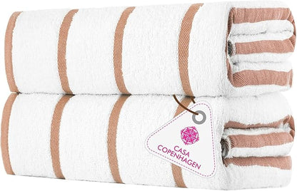 CASA COPENHAGEN Cabana Pool 2 Pieces Large Bath Sheet Set 70" x 35", 550 GSM, Designed in Denmark, Made of Soft Egyptian Cotton for Bathroom, Beach & Shower - White Beige Stripe