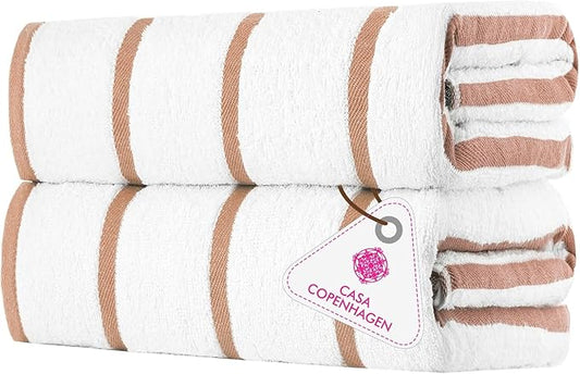 CASA COPENHAGEN Cabana Pool 2 Pieces Large Bath Sheet Set 70" x 35", 550 GSM, Designed in Denmark, Made of Soft Egyptian Cotton for Bathroom, Beach & Shower - White Beige Stripe