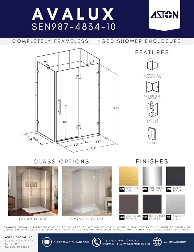 Avalux 48 in. W x 34 in. D x 72 in. H Rectangular Pivot Frameless Corner Shower Enclosure in Matte Black with Clear Glass