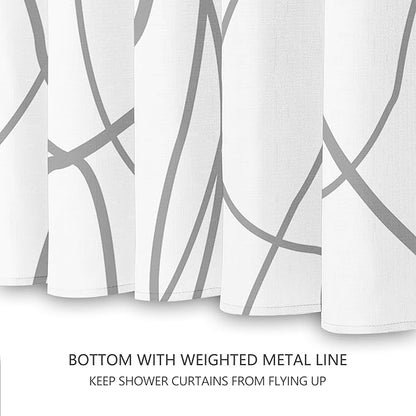 Tititex Morden 140gms Faux Linen Fabric Bath Shower Curtain Set Textured Fabric with White Gray Curve Pattern 72x72 Inch Water Resistant Bathroom Curtains, Weighted Hem & Hooks for Home/Hotel