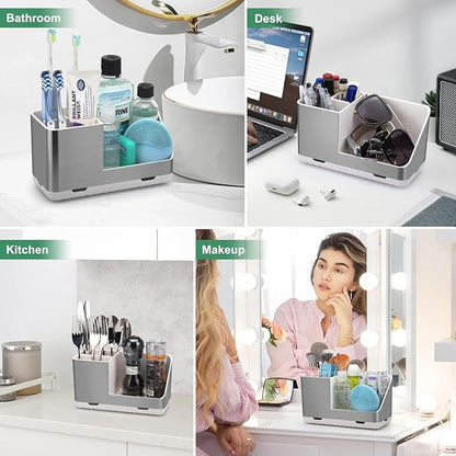 Toothbrush Holders for Bathroom Countertop Organizer, Brushed Nickel Tooth Brush Holder, Kids Electric Toothbrush and Toothpaste Holder with Drainage (Brushed Silver)