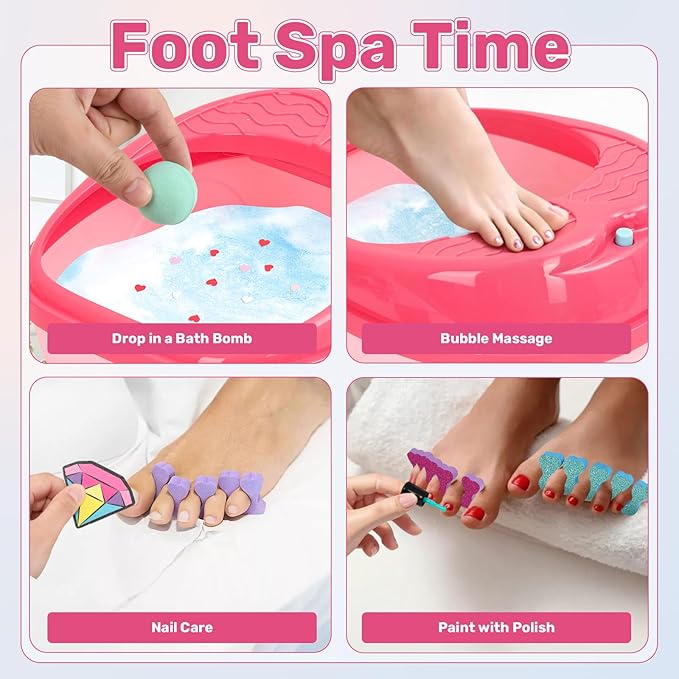Kids Foot Spa & Nail Art Kit for Kids 4-12 – All-in-1 Foot Spa Set with Colorful Lights & Manicure Set – Fun Girls Spa Kit for Parties & Christmas Birthday Gifts for 6 8 9 10-12 Year Old Girls