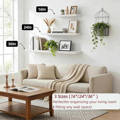 SAUMONIERES Floating Shelves Wall Shelf Solid Wood for Bathroom Bedroom Kitchen Set of 3, White Wall Shelves