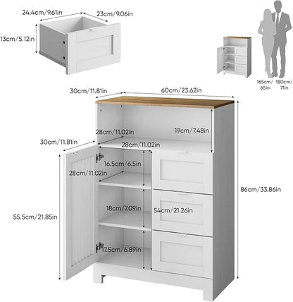 Bathroom Storage Cabinet with 3 Drawers, Floor Cabinet with Louvered Door, Freestanding Storage Unit for Bathroom, Kitchen, Living Room, White