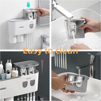 No-Drill Wall Mounted Toothbrush Holder, Bathroom Shelf, with Automatic Toothpaste Dispensers 6 Brush Hooks Magnetic Cups 1 Cosmetic Drawer Organizer and Large Storage (2 Dispensers 2 Cups)