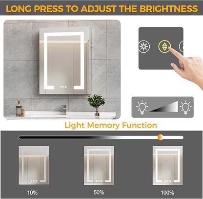 LED Bathroom Mirror 20 * 26 Stepless Dimmable Wall Mirrors with Anti-Fog, Shatter-Proof, Memory, 3 Colors, Memory Function, Water Proof, Decor Vanity Mirror