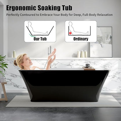 67" Acrylic Freestanding Bathtub - Glossy Black Rectangle Soaking Tub with Chrome Overflow & Drain Kit, CUPC Certified