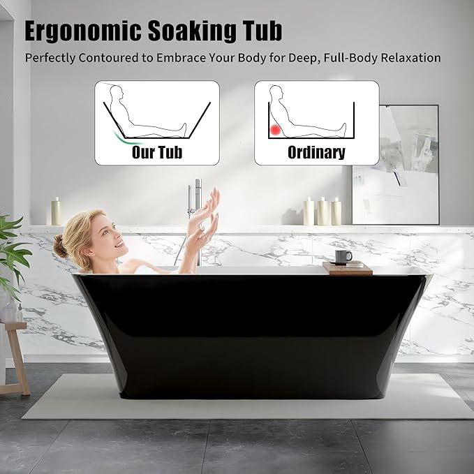 67 Inch Freestanding Acrylic Bathtub, Modern Black Soaking Tub with Chrome Overflow & Drain, CUPC Certified, Deep Soaking Design for Luxurious Spa Experience, Contemporary Bathroom Centerpiece