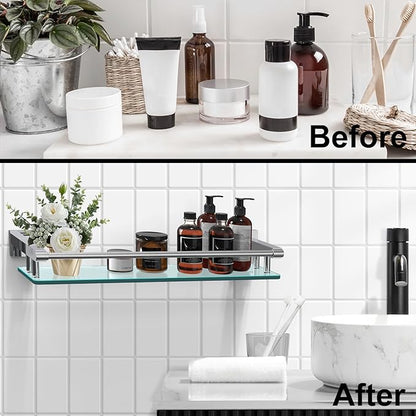 Glass Shelves for Bathroom, 20IN Rectangular Chrome Stainless Steel Tempered Glass Shelf Wall Mount Shelf Sink Over Toilet Modern Bathroom (Chrome Polished, 20‘’)