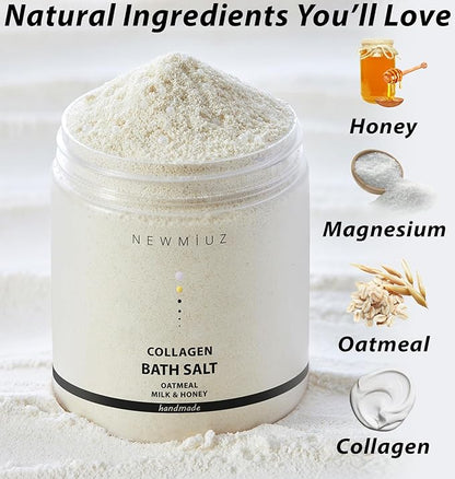 Collagen Bath Salt Soak Moisturize Soften Skin Magnesium Coconut Oatmeal Honey Epsom Salt Luxury Spa Destress Relaxation Gifts for Women and Men