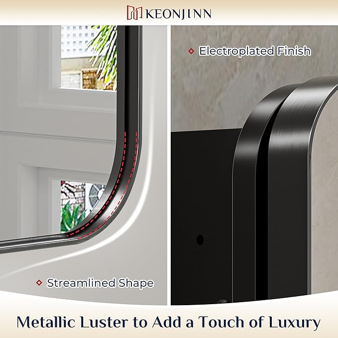 Keonjinn 20 x 32 Inch Black Mirrored Medicine Cabinet, Recessed Medicine Cabinets for Bathroom, Gloss Black Stainless Steel Framed, Adjustable Shelves, In Wall or Surface Mount, Sturdy & Heavy, Modern