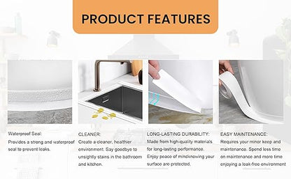 White Caulk Tape Waterproof Self Adhesive, Caulking Tape, Sealer Strip for Bathroom, Toilet Base, Shower, Bathtub, Sink, Countertop Edge Protector, Easy to Use with Silicone Caulking Tool