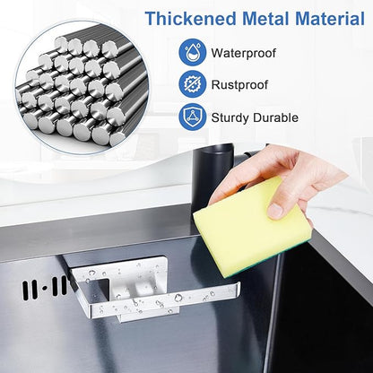 Sponge and Dish Cloth Holder for Kitchen Sink, 2 in 1 Adhesive Sink Dish Sponge Holder, Sinks Caddy Organizer Rack for Storage Sponges Scrubber Glove and Brush, Silver