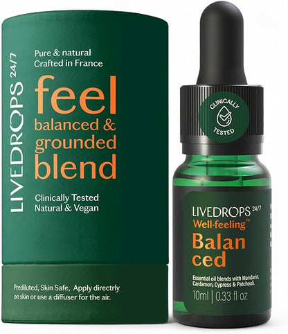 LIVEDROPS 24/7 Balanced Essential Oil Blend Mandarin Cardamom Cypress Patchouli | Aromatherapy for Calm, Harmony & Grounding | Skin-Safe Diffuser Oil | Vegan French Perfumers Clinically Tested 10ml