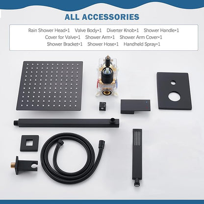 Shower System, Black Shower Faucet Set with 12-Inch Rain Showerhead and Handheld Spray, Wall Mounted High-Pressure Showerhead Combo Set Included Valve and Trim, Matte Black
