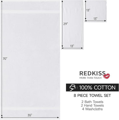 REDKISS Luxury Bath Towel Set of 8 Pieces - 100% Cotton, Super Absorbent, Quick-Dry | 2 XL Bath Sheets (35x70 in), 2 Hand Towels, 4 Washcloths | Hotel & Spa Quality-White