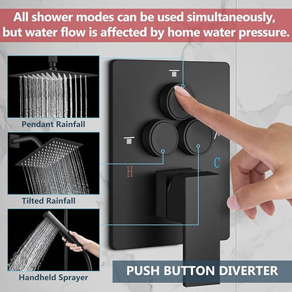 Aolemi Shower Faucet Set Ceiling Mount Shower System Rough-in Valve and Shower Trim Kit 16 and 6 Inch Dual Shower Head 2 in 1 Handheld Spray Push Button Diverter Matte Black