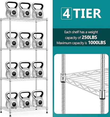 IZEUK 4-Tier Chrome Metal Storage Shelves, Adjustable Wire Shelving Unit Organizer for Kitchen, Bathroom, Home, 1000 lbs, 13.7" D x 23.6" W x 53.4" H