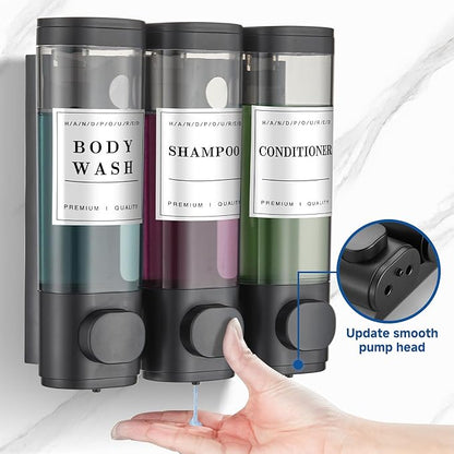 Shower Soap Dispenser Wall Mounted No Drill Shampoo Dispenser for Shower Wall Shampoo and Conditioner Dispenser Bathroom Hotel 3 * 300ml Black with Waterproof Labels
