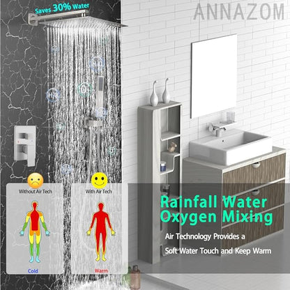 Shower Faucet Combo Set with Shower Spray Wand Large 12 Inch Shower Head Brushed Nickel Surface High Pressure with Rough-in Valve, Brushed Nickel