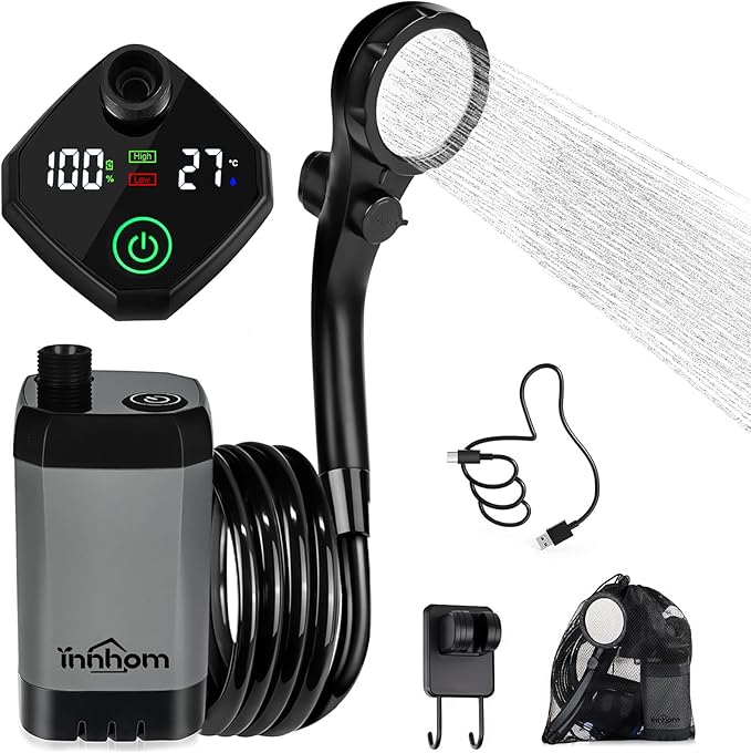 innhom Portable Camping Shower, 6000mAh Rechargeable Camp Shower Pump with LED Display, 2 Mode Electric Portable Shower for Camping, Hiking, Travelling, Washing