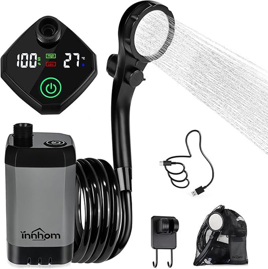 innhom Portable Camping Shower, 6000mAh Rechargeable Camp Shower Pump with LED Display, 2 Mode Electric Portable Shower for Camping, Hiking, Travelling, Washing