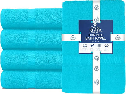 DAN RIVER Bath Towels Set of 4, 27 x 54 Inches, 100% Cotton, Larger & Lighter Weight, Quicker to Dry, Super Soft and Absorbent, Ideal Aqua Bath Towels for Daily Use