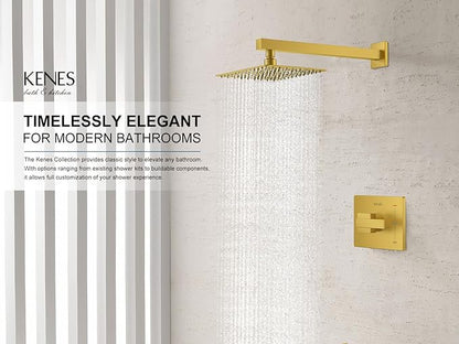KENES Brushed Gold Shower Faucet, Modern Square 10-Inch Shower Head and Handle Set, Bathroom Rainfall Shower System Wall Mount, KE-6024B-4 (Including Shower Valve)