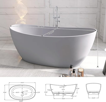 SJ STAR&JANE 65" Solid Surface Freestanding Bathtub Stone Resin Soaking Tub Light Gray Double Slippers Stand Alone Oval Tub with Pop-up Drain and Overflow for Bathroom